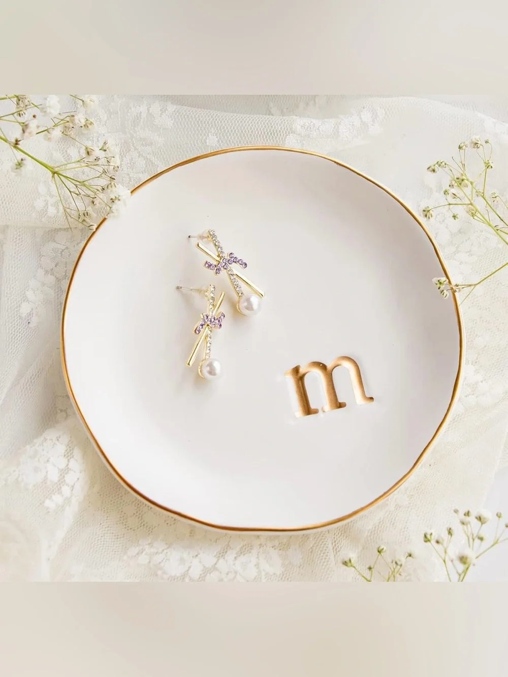 Collective Home Monogram Trinket Dish - Letter M White Gold Rim 4.75in Round